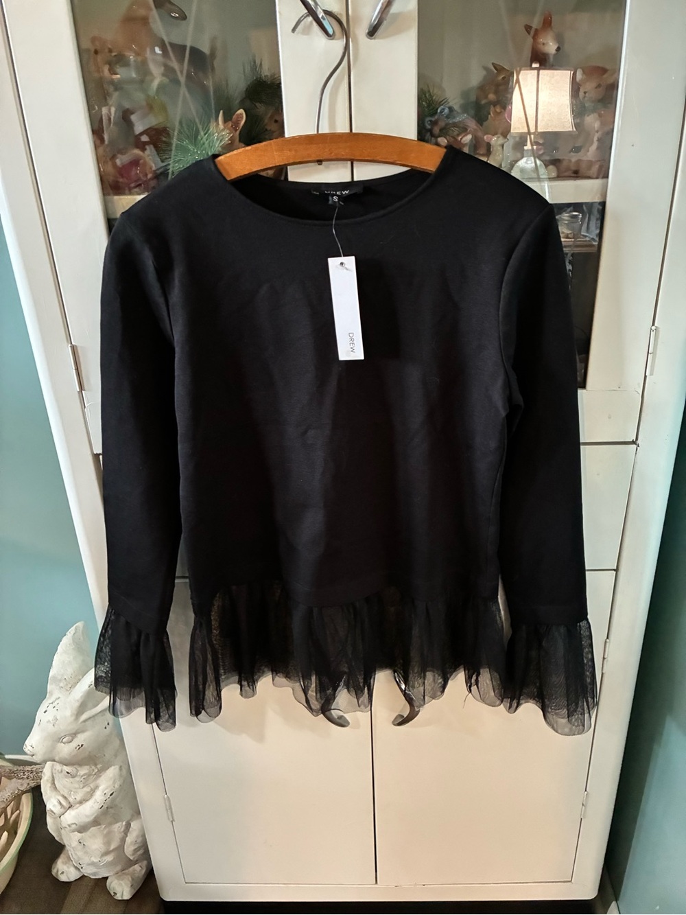 Drew sz S Classic Black Long-Sleeve Top with Tulle Hem nwt